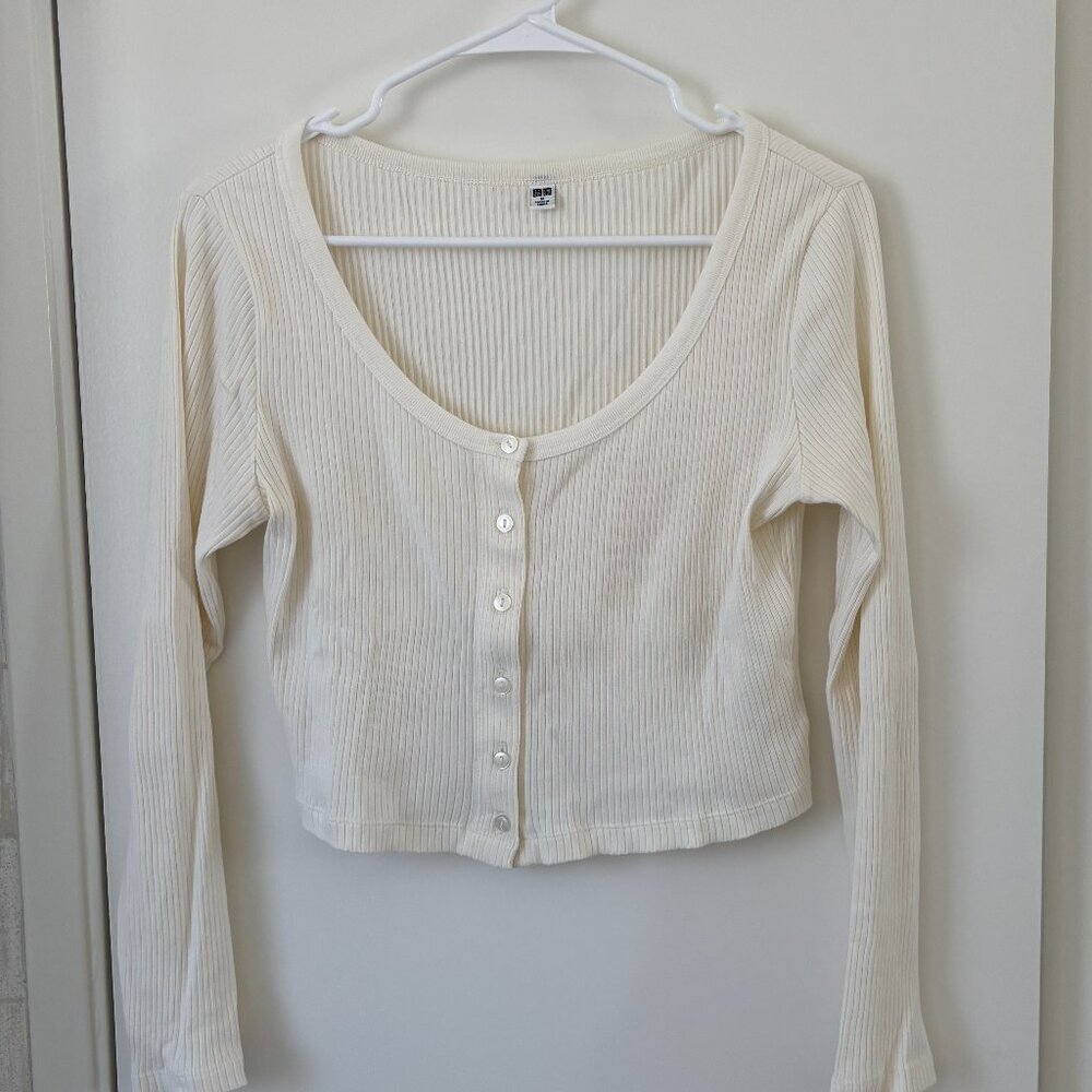 Uniqlo Long-sleeve Button Down Crop - M - Cream / White